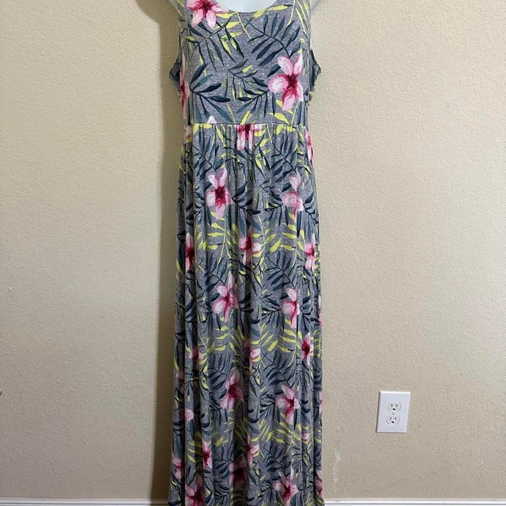 Women's Dress M Tropical Floral Maxi Gray Pink Beach Tropical Cruise Casual Cute